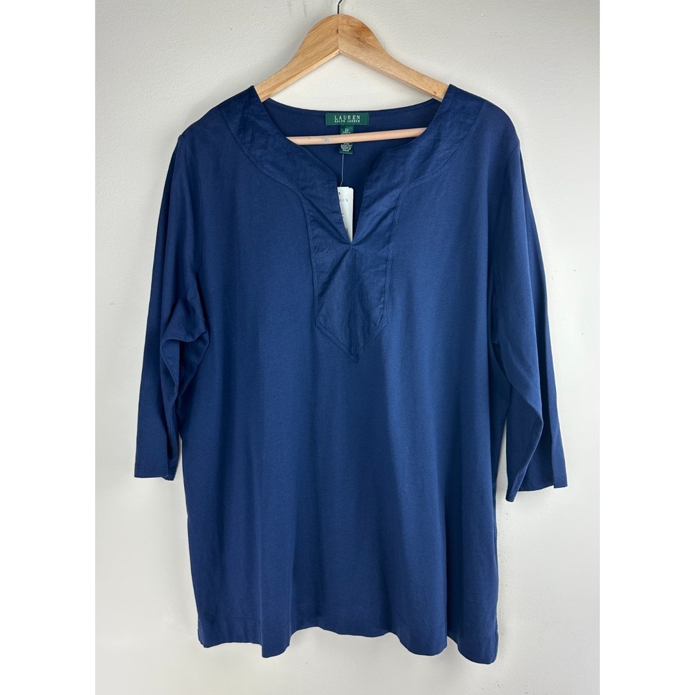 NEW Lauren Ralph Lauren Split Neck 3/4 Sleeve Cotton Top Navy Plus Size 2X - Picture 2 of 10